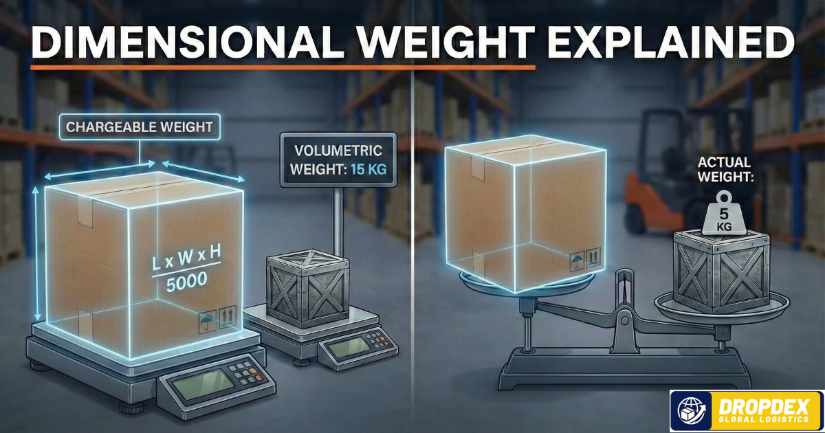 Packages being processed by a freight forwarder in Pakistan showing dimensional weight calculation.