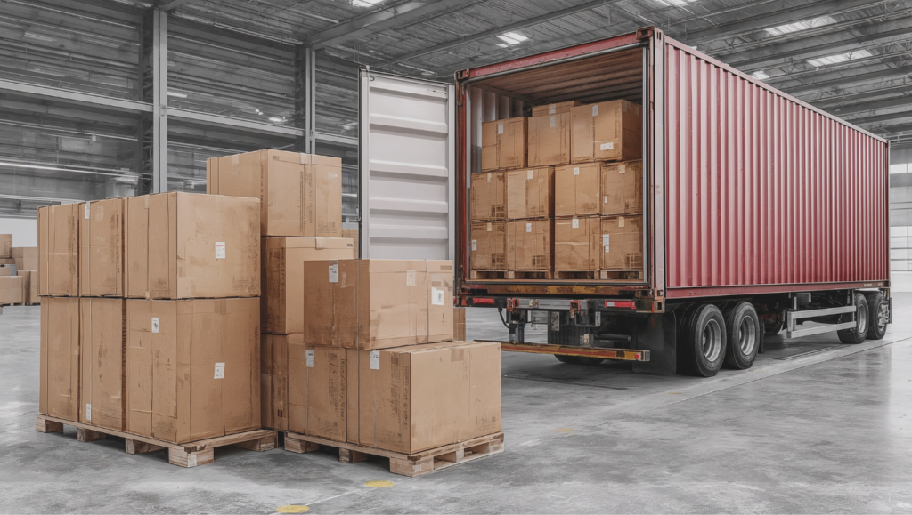 Stacks of professional cargo boxes being loaded into a delivery truck for logistics services in Karachi.